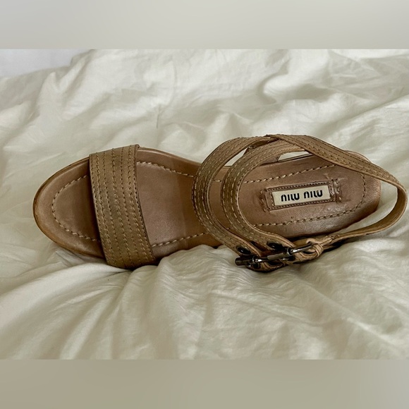 miu miu Platform Sandal Double Ankle Leather Buckle Cork Block Heel - Picture 4 of 8